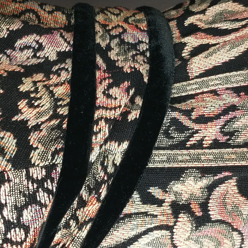 Woven Tapestry Dress Vintage OOAK Black Velvet Trim See Measure Long Sleeve Maxi - Picture 3 of 15